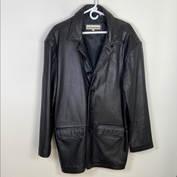 Perry Ellis Genuine Lamb Leather Coat Jacket Men's Large Black Lined Button Up